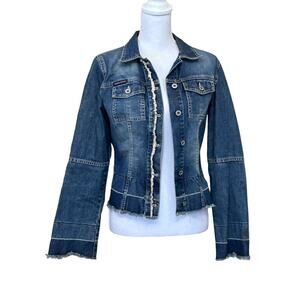 Guess blue denim jacket, fringed hem, medium, bohemian, southwestern, rodeo